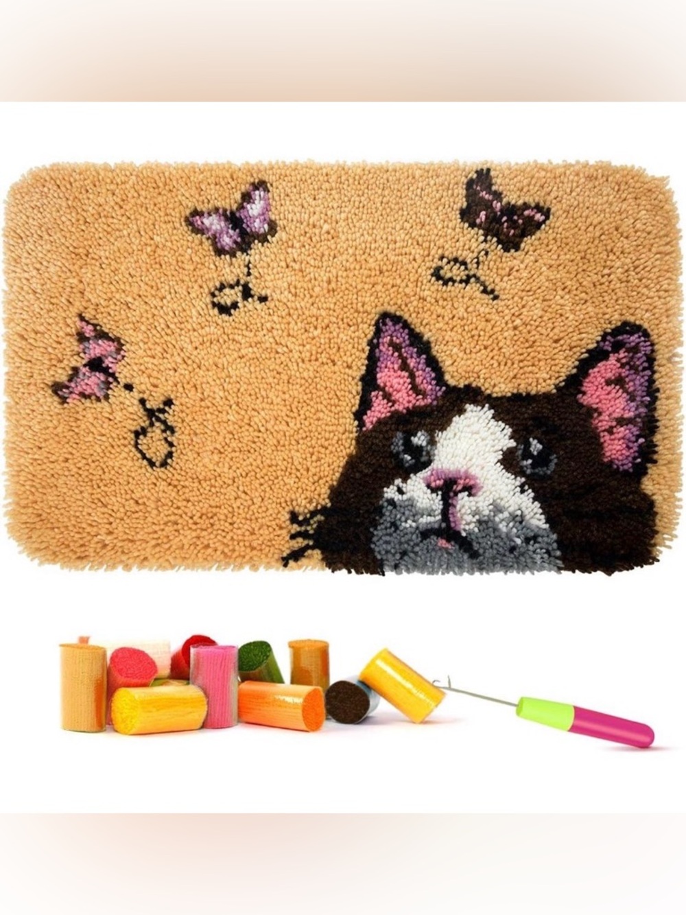 🧵🐱🦋 DIY Latch Hook Carpet Rug Kit – Cat & Butterfly Design 🌸
